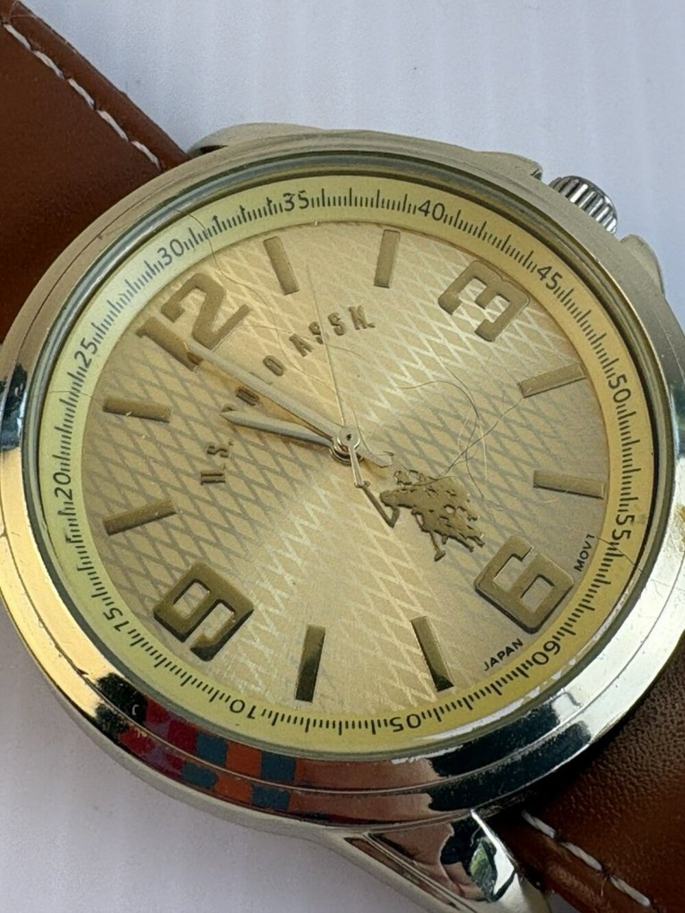 U.S. Polo Assn. USC20122 Men's Watch Gold Tone Dial New Battery Brown Band